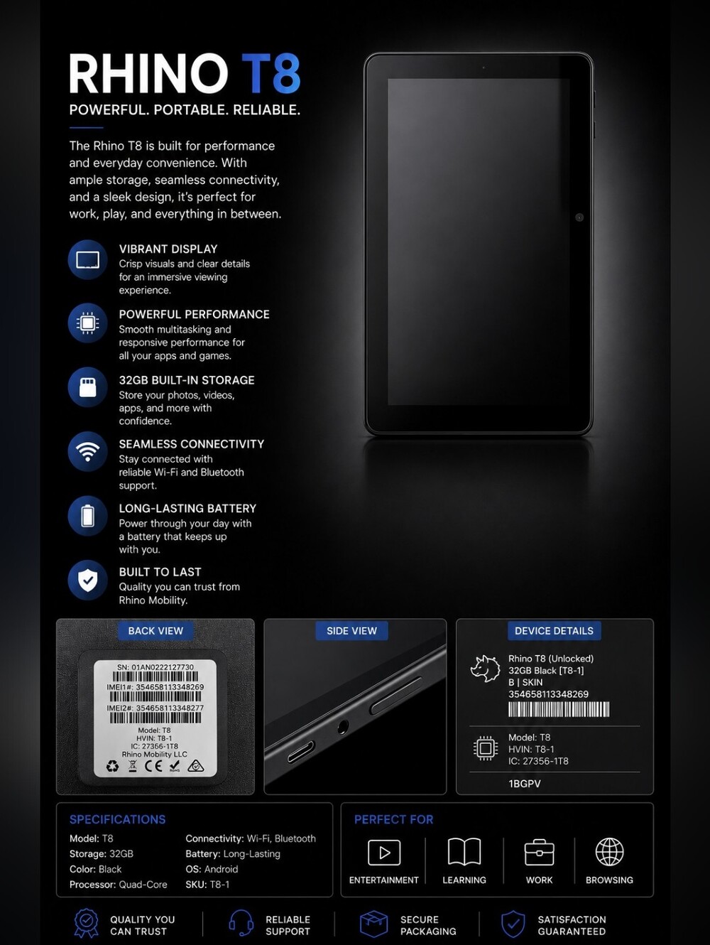 Rhino T8 32GB Tablet — Black